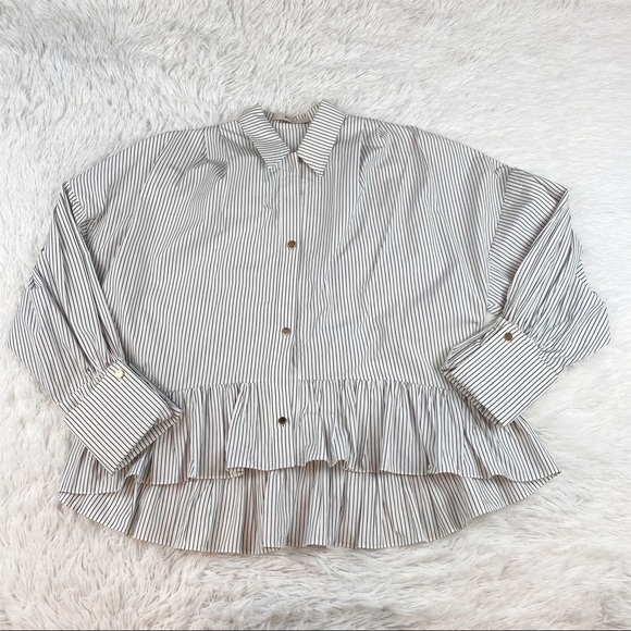 Brøgger striped ruffle hem Button-Up Top long sleeve dropped shoulder - Picture 3 of 12